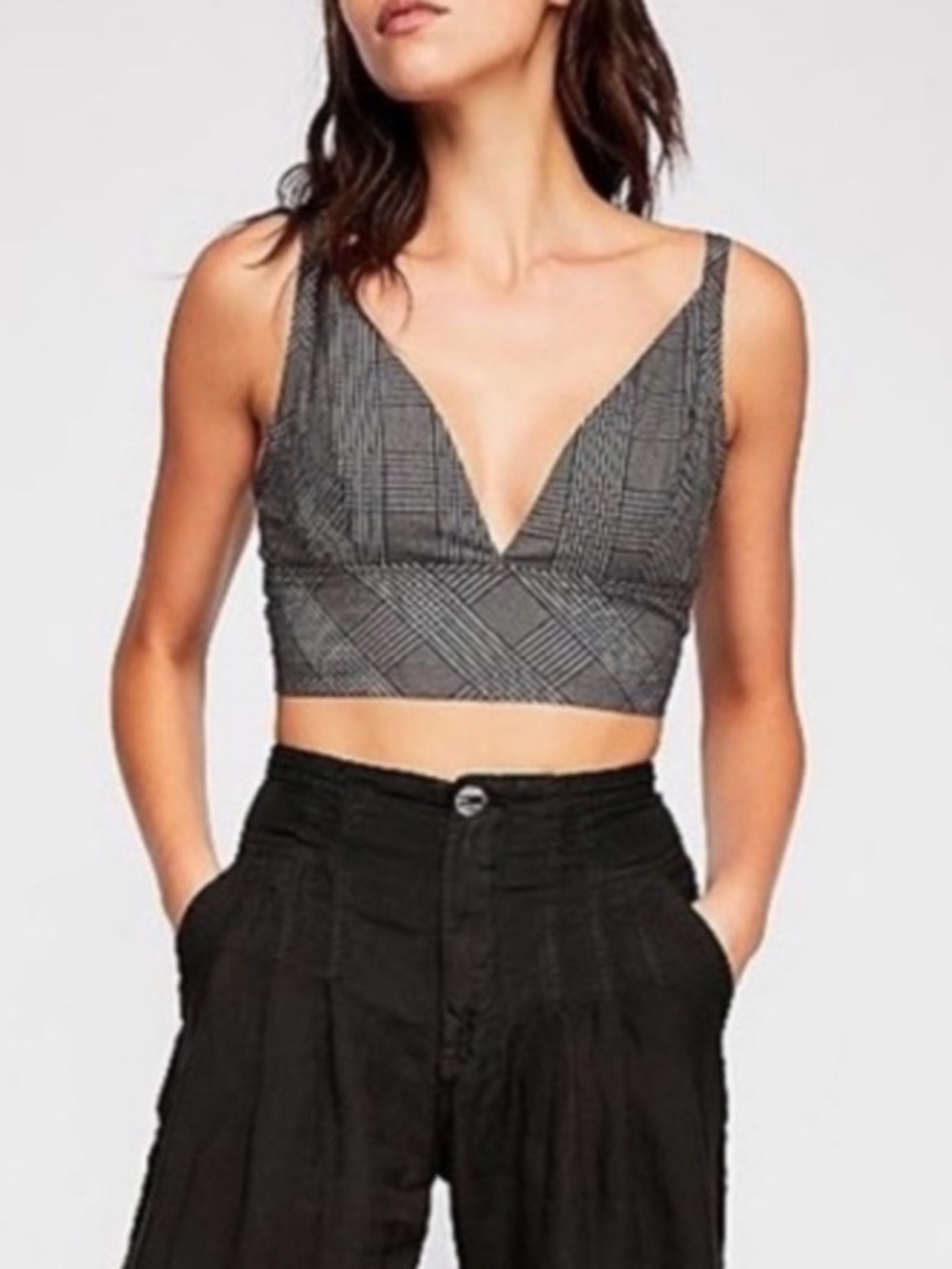 Free People Intimately Gray Plaid V-Neck Adjustable Bralette Top Small